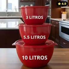 Kit 3 Potes Bowl Plástico tigela – Tapoer 3000 ml, 5500 ml e 10000 ml Prático, Empilhável e Durável