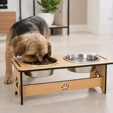 Comedouro Duplo Pet Mdf Pote Alumínio Alimentador Antiodor