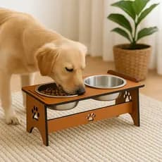 Comedouro Elevado em MDF para Cachorro e Gato  Design com Patinhas Potes Aluminio