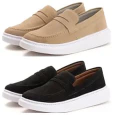 kit 2 pares de tênis couro sintetico camurça mocassim confortável leve sola alta