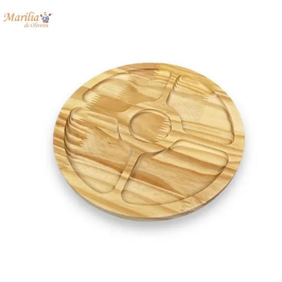Petisqueira Redonda com 5 Divisórias Madeira Pinus Para Mesa Posta Porta Petiscos