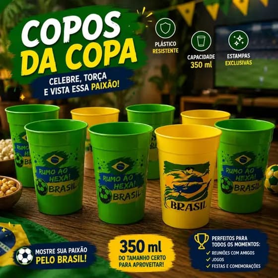 Kit Copos 350ML Copa Do Mundo Reutilizável Torcida Brasil Seleção Para Festa