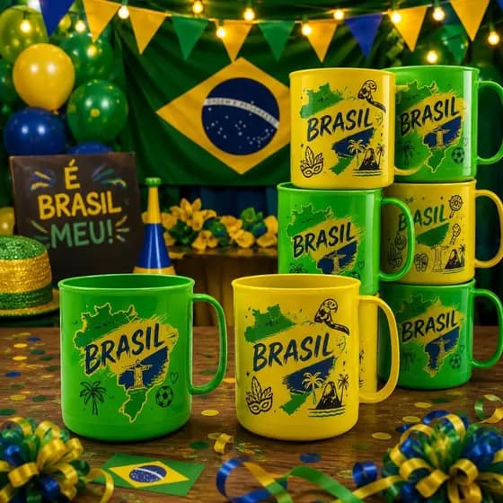 Kit Canecas Futebol Plásticas Copa do Mundo Torcida Brasil Festa Jogos