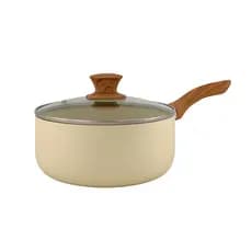 Panela com Cabo Revestimento Cerâmico Creme 22cm Tampa de Vidro e Cabo Soft Touch Efeito Madeira TOP