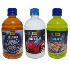 Kit Lavagem Carro Moto Shampoo Concentrado + Cera Liquida + Pretinho Baba 500 ml