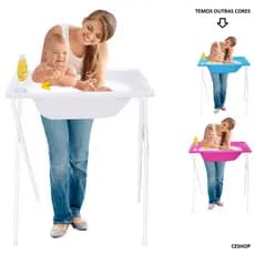 Banheira de Bebê com Suporte para Banho Criança Menino e Menina Cor Branca, Verde, Azul e Rosa