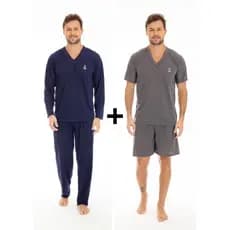 Kit 2 Pijamas Masculino Inverno Manga e Calça Comprida Mais Pijama Verão Manga Curta e Short