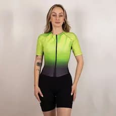 Macaquinho de Ciclismo Feminino Modelo Vibe Neon Verde  Manga Curta ou Longa e Forro em Gel para Pedal e MTB