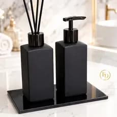 Kit Lavabo Vidro Square Preto Fosco com Bandeja Saboneteira e Aromatizador
