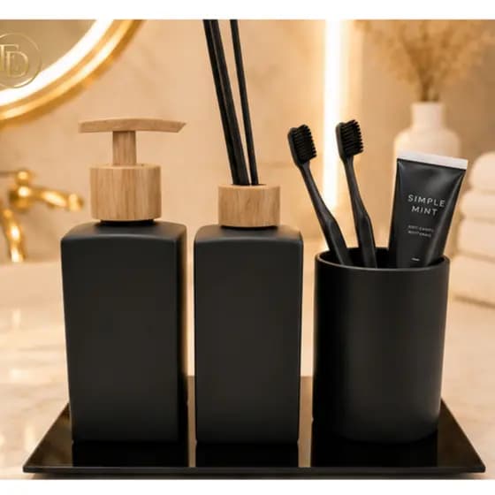 Kit Lavabo Luxo Square Vidro Preto Fosco 250ml Com Saboneteira, Aromatizador, Porta Escova e Bandeja