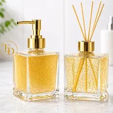 Kit Lavabo Banheiro Porta Sabonete Liquido e  Difusor em Vidro Cubo Transparente