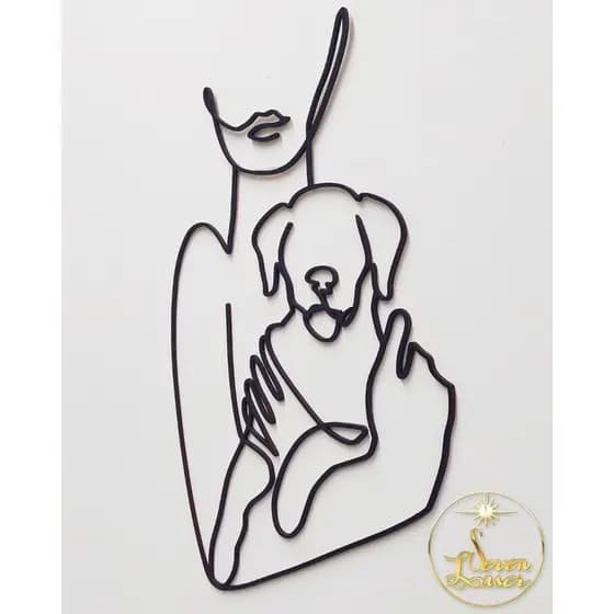Quadro Decoração Mulher e Cachorro Aplique De Parede Fine Line Delicados Linhas Amor Pets Mdf 3mm