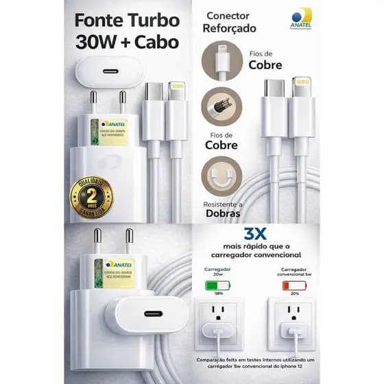 Carregador Turbo Para iPhone 8 Plus X Xr 11 12 13 14 Pro Max Cor Ice White