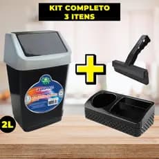 KIT Lixeira 2L Preta com Tampa + Porta Detergente + Rodinho de pia Kit com 3 peças