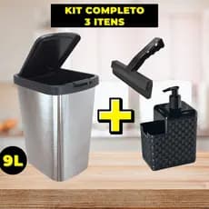 KIT Lixeira Rattan 9L com Tampa + Porta Detergente + Rodinho de pia Kit com 3 peças
