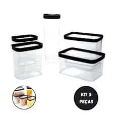 Conjunto De 5 Pote Hermético Empilháveis Para Mantimentos Com Tampa Preto