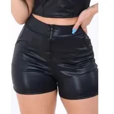 Short Cirre Couro Fake Tecido Cirre Cintura Alta com Ziper