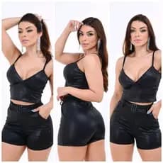 Conjunto Cirrê Feminino Cropped e Short com Cinto Fivela – Estilo e Brilho