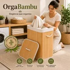 Cesto de Roupa Organizador Bambu 70L com Alças e Tampa – OrgaBambu
