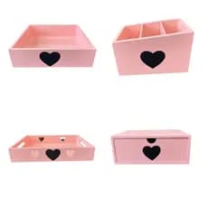 Organizador de Maquiagem Coração MDF Rose Porta Pincel Gaveta e Bandeja ou Kit Coracao