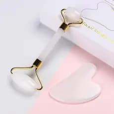Rolo Pedra de Jade + Placa Gua Sha Massagem Facial Anti Rugas e Linhas de Expressão – Spa em Casa