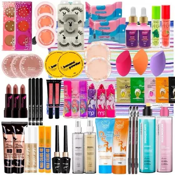 Kit de Maquiagem e Skin Care 18 Produtos Beleza Ruby Rose Melu Max Love Vivai Febella Fenzza Mia Make