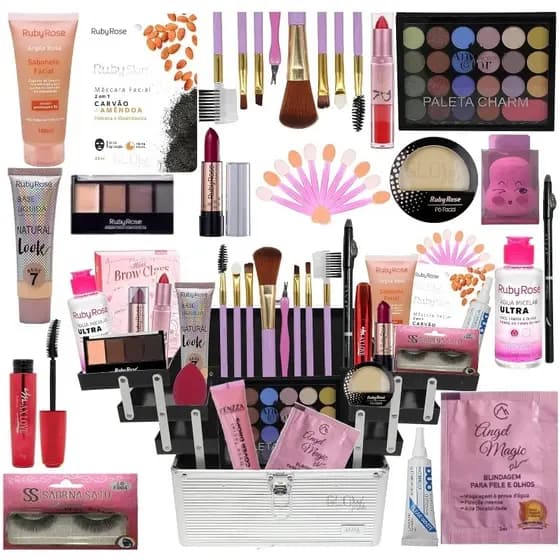 Kit de Maquiagem com Produtos Marcas Variadas Po Facial Gloss Labial Lapis de Olho Esponja de Maquiagem