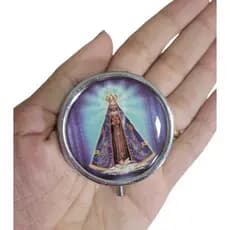 TECA DIÂMETRO DE 4 CM P/ HÓSTIA DE 3,5CM DE NOSSA SENHORA/METAL PRATA/PORTA TERÇO/MINISTRO DA EUCARISTIA