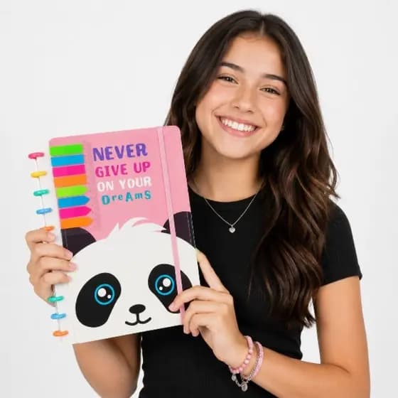 Caderno Inteligente Capa Dura Panda Kawaii A4 Universitário Motivacional com Discos, Elástico e Régua Marcadora