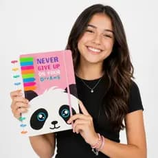 Caderno Inteligente Capa Dura Panda Kawaii A4 Universitário Motivacional com Discos, Elástico e Régua Marcadora