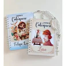 Caderno de Catequese personalizado capa dura A5 c/50 folhas decoradas, abertura mais 10 orações ensina rezar o terço