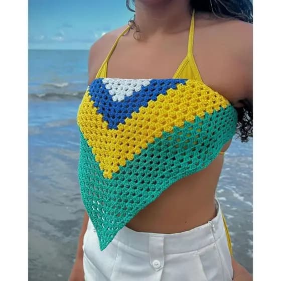 Bandana de Crochê Brasil - Top de Crochê Brasil - Varias Formas de Usar Bandana Brasil 5 em 1 - Cropped de Croche