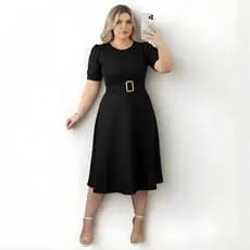 Vestido Godê  Moda Plus Size Rodado Social Festa Formatura Barato com Fivela no Cinto, Evangélica
