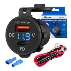 Tomada Veicular com Voltímetro USB X TIPO-C QC 3.0 PD 12/24V LUmax-JK-03-1