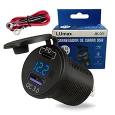 Carregador de Carro USB X TIPO-C QC 3.0 PD com Voltímetro 12/24V LUmax JK-03