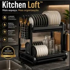 Escorredor de Louças 2 Andares Kitchen Loft™ Organizador de Pia Preto Fosco com Bandeja