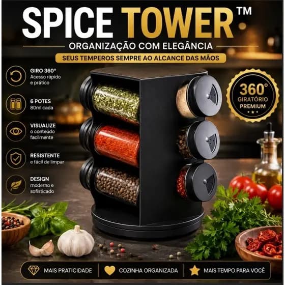 Porta Temperos Giratório 6 Potes 80ml Organizador Condimentos 360° Spice Tower™ Preto