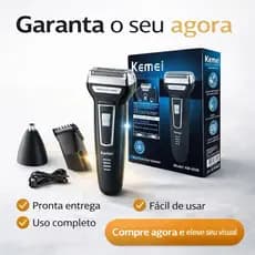 Aparador de Barba Kemei 3 em 1 Recarregável Bivolt Máquina Cortar Cabelo e Pelos Nariz Profissional