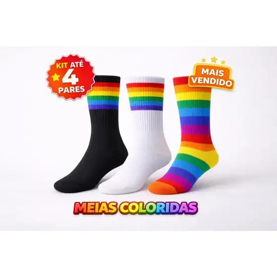 1 Até 4 Pares de Meias Arco-iris Coloridas Cano Alto
