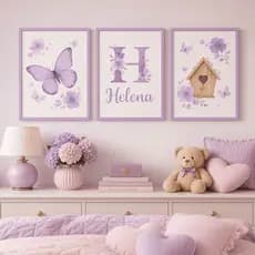 Quadro decorativo 3 peças Personalizado com nome Borboletinha Lilás quartinho de menina