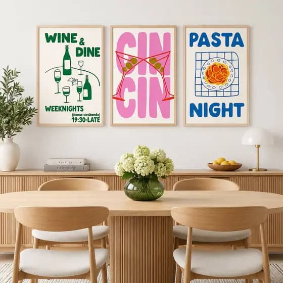 Quadro Decorativo 3  Peças Ginn Drinks Massas Decoração Restaurante Cozinha Interiores