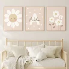 Quadro Decorativo 3 peças Flores tons de rosa personalizado com nome Decoração