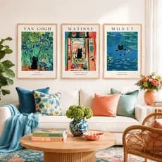 Quadro decorativo 3 peças Matisse colorido Gato abstrato decoraçao quarto sala
