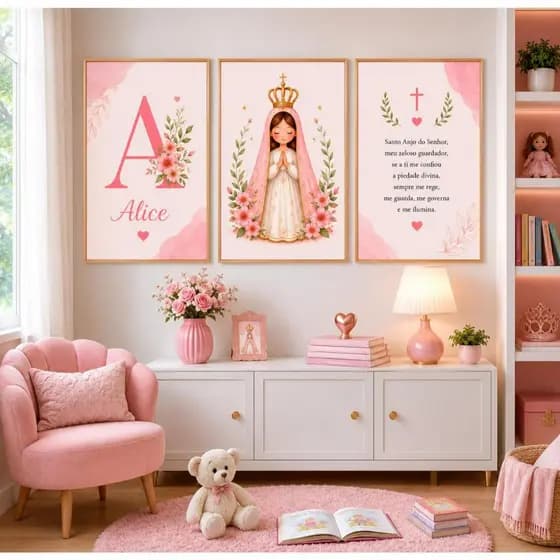 Quadro Decorativo 3 Peças Infantil Nossa Senhora Menina Oração Santo Anjo