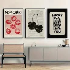 Quadro decorativo 3 peças Lucky You cereja beijo decoraçao casa quarto sala interiores