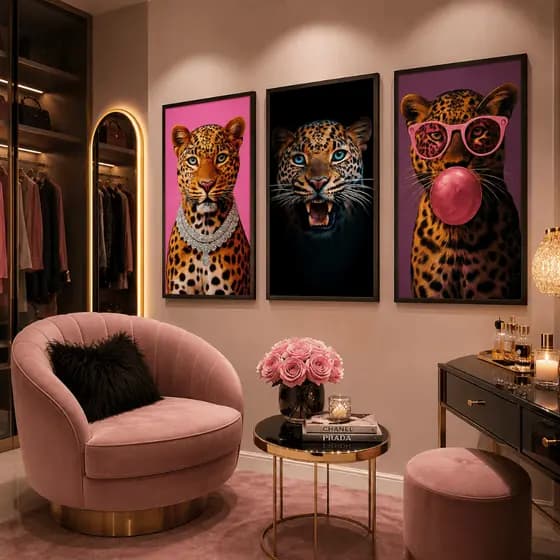 Quadro decorativo 3 peças Onça Feroz Jóias Óculos decoraçao moderna quarto sala interiores