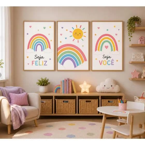 Conjunto Quadro Decorativo Infantil arco-íris, sol e frases motivacionais