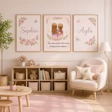 Quadro decorativo 3 peças Irmãs Personalizado com nome decoração quarto infantil