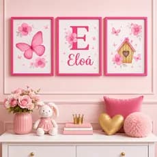 Quadro decorativo 3 peças Borboletinha Pink personalizado com nome quarto de menina