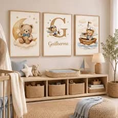 Quadro decorativo 3 peças Ursinho Marrom personalizado com nome decoração quartinho infantil